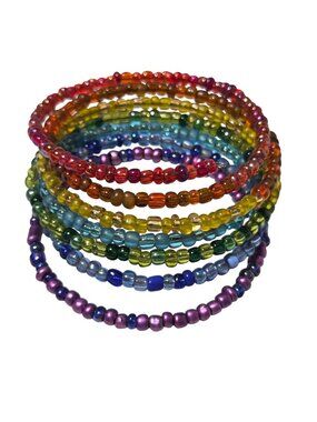 Rainbow Beaded Coil Bracelet Multicolor Beads Stretchable Stacked Pride Jewelry